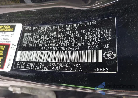 2013 Toyota Camry Se z USA, uszkodzony, nr VIN 4T1BF1FK1DU284254